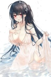 Rule 34 | 1girl, azur lane, black hair, breasts, center opening, cleavage, cocktail dress, dress, earrings, evening gown, garter straps, hair ornament, hair strand, hand on own chest, huge breasts, in water, jewelry, long hair, looking at viewer, necklace, notofuku, official alternate costume, plunging neckline, red eyes, satin dress, see-through, see-through dress, simple background, sleeveless, sleeveless dress, solo, taihou (azur lane), taihou (temptation on the sea breeze) (azur lane), thighhighs, very long hair, wading, wedding dress, white dress, white thighhighs