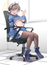 Rule 34 | 1girl, black pantyhose, blue archive, blue footwear, blue skirt, blue sweater, breasts, candy, chair, crop top, cropped sweater, dildo reveal, female focus, flanvia, food, full body, glasses, hairband, halo, highres, holding, holding candy, holding food, holding lollipop, large breasts, light brown hair, lollipop, long sleeves, looking at viewer, moe (blue archive), office chair, open mouth, pantyhose, pussy juice, pussy juice puddle, round eyewear, saliva, saliva trail, sitting, skirt, smile, solo, sweater, swivel chair, underboob, yellow eyes