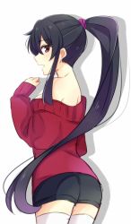 Rule 34 | 10s, 1girl, alternate costume, bad id, bad pixiv id, black hair, brown eyes, casual, highres, kantai collection, long hair, looking at viewer, off-shoulder, off-shoulder sweater, off shoulder, open mouth, ponytail, shorts, sketch, solo, sweater, thighhighs, white thighhighs, yahagi (kancolle), yukichi (eikichi), zettai ryouiki