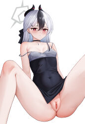 Rule 34 | 1girl, absurdres, bare shoulders, black choker, black dress, black hair, black horns, blue archive, blur censor, blush, breasts, censored, choker, demon horns, dress, grey hair, grey halo, grey jacket, hair between eyes, halo, highres, horns, jacket, kayoko (blue archive), long hair, looking at viewer, multicolored hair, pussy, red eyes, siberia potato, simple background, small breasts, solo, spread legs, spread pussy, thighs, white background