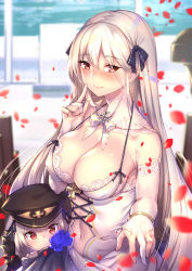Rule 34 | 2girls, aged down, bare shoulders, blush, breasts, bride, cleavage, cross, dress, elbow gloves, finger to mouth, girls&#039; frontline, gloves, hair ribbon, hat, highres, index finger raised, iron cross, kar98k (girls&#039; frontline), large breasts, long hair, looking at viewer, multiple girls, navel, peaked cap, petals, pk (girls&#039; frontline), red eyes, ribbon, shennai misha, silver hair, smile, time paradox, very long hair, wedding dress, white dress, white gloves