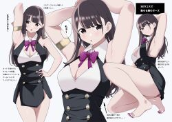 Rule 34 | 1girl, :o, armband, armpits, arms behind head, arms up, bare legs, barefoot, black dress, black eyes, black hair, blunt bangs, bow, bowtie, breasts, character sheet, cleavage, collared dress, dress, feet, hand on own hip, kuro (toi et moi), legs, light blush, long hair, long legs, long sleeves, looking at viewer, looking to the side, medium breasts, multiple views, nail polish, on one knee, open mouth, original, panties, pantyshot, purple bow, purple bowtie, purple panties, side slit, simple background, sleeveless, sleeveless dress, smile, toenail polish, toenails, toes, translation request, underwear, white background