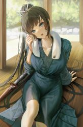 Rule 34 | 1girl, absurdres, aqua eyes, black hair, blush, breasts, collarbone, hair ornament, highres, japanese clothes, large breasts, long hair, long sleeves, looking at viewer, myabit, original, parted lips, ponytail, sitting, solo, towel, weapon, wooden floor