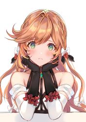Rule 34 | 1girl, alternate hairstyle, aoi (kirabosi105), bare shoulders, black gloves, chest harness, clarisse (granblue fantasy), collarbone, gloves, granblue fantasy, green eyes, hair ribbon, harness, highres, looking at viewer, orange hair, ribbon, solo