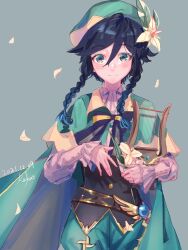 Rule 34 | 1boy, 2021, aqua cape, aqua eyes, aqua hat, artist name, beret, black hair, blue hair, bow, bowtie, braid, cape, closed mouth, dated, flower, genshin impact, gradient hair, hair between eyes, hair flower, hair ornament, hat, highres, instrument, long hair, long sleeves, looking at viewer, lyre, multicolored hair, petals, r.aka., smile, solo, split mouth, twin braids, two-tone hair, venti (genshin impact), white flower