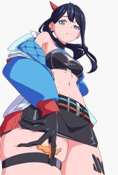 Rule 34 | 1girl, absurdres, belt, black gloves, black hair, black panties, black skirt, blue eyes, blue ribbon, blush, breasts, cleavage cutout, closed mouth, clothing cutout, daidaiyaoyao, floating hair, frown, gloves, gridman universe, gridman universe (film), hair ribbon, halterneck, highres, jacket, knee up, leg tattoo, long hair, looking at viewer, medium breasts, microskirt, midriff, multicolored clothes, multicolored jacket, official alternate costume, open clothes, open jacket, panties, ponytail, red hair, ribbon, shiny skin, simple background, skirt, solo, stomach, takarada rikka, takarada rikka (solarain toys), tattoo, thick thighs, thigh strap, thighs, underwear