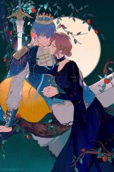 Rule 34 | 1boy, 1girl, absurdres, black dress, branch, brown hair, cape, closed mouth, dress, earrings, flower, full moon, green eyes, green vest, highres, jewelry, laoyepo, lipstick, long hair, long sleeves, looking at another, makeup, marius von hagen (tears of themis), moon, night, night sky, outdoors, pants, purple eyes, purple hair, red flower, red rose, rosa (tears of themis), rose, shirt, sky, sword, tears of themis, vest, weapon, white pants, white shirt