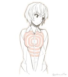 Rule 34 | 1girl, at field, ayanami rei, blush, commentary request, dress shirt, facing viewer, image sample, looking away, md5 mismatch, monochrome, neon genesis evangelion, outline, poaro, resized, resolution mismatch, shirt, shirt tug, short hair, simple background, solo, source larger, spot color, twitter username, white background