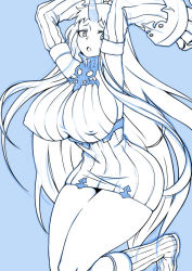 Rule 34 | 10s, 1girl, abyssal ship, armpits, arms up, blue theme, boots, breasts, claws, covered erect nipples, detached sleeves, dress, halterneck, horns, huge breasts, kantai collection, knee boots, legs, long hair, pas (paxiti), ribbed dress, seaport princess, short dress, sideboob, single horn, sketch, solo, thighs, very long hair