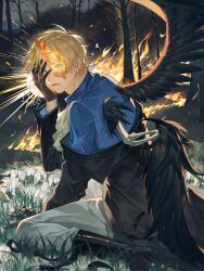 Rule 34 | 1boy, absurdres, bare tree, black wings, blonde hair, feathered wings, flaming eye, forest, gloves, hair over one eye, highres, looking at viewer, male focus, nature, one piece, sabo (one piece), scar, scar across eye, short hair, sitting, solo, sqloveraven, torn wings, tree, wings