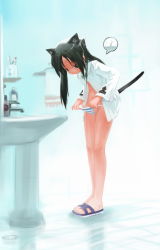 Rule 34 | 00s, 1girl, animal ears, bad id, bad pixiv id, bathroom, black hair, blush, female pubic hair, francesca lucchini, green eyes, legs, long hair, observerz, panties, panty pull, pubic hair, sandals, solo, speech bubble, strike witches, striped clothes, striped panties, tail, underwear, world witches series
