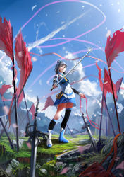 Rule 34 | 1girl, absurdres, asymmetrical footwear, asymmetrical legwear, bad id, bad pixiv id, battlefield, blurry, cloud, day, depth of field, dress, flag, grass, hair tubes, highres, kneehighs, lu ying, luo tianyi, md5 mismatch, mismatched footwear, mismatched legwear, petals, planted, planted sword, planted weapon, silver hair, single kneehigh, single sock, single thighhigh, sky, smile, socks, solo, sword, thighhighs, vocaloid, weapon