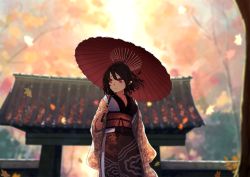 Rule 34 | 1girl, architecture, black hair, blurry, blurry background, blurry foreground, breasts, bright pupils, cleavage, collarbone, cowboy shot, east asian architecture, falling leaves, futatsuki eru, gate, hair between eyes, hat, holding, holding umbrella, japanese clothes, kimono, leaf, leaf print, looking to the side, maple leaf, medium breasts, obi, oil-paper umbrella, pointy ears, red eyes, red hat, sash, shameimaru aya, short hair, solo, standing, tokin hat, touhou, tree, umbrella, wide sleeves