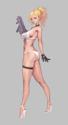 Rule 34 | 1girl, aqua eyes, ass, black gloves, blonde hair, breasts, choker, covered erect nipples, fasces (jeson110), full body, gloves, grey background, gun, high heels, holding, holding gun, holding weapon, long hair, looking at viewer, original, sideboob, simple background, single glove, solo, thigh strap, weapon