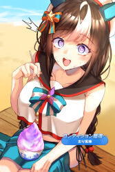 Rule 34 | 1girl, absurdres, animal ears, bare shoulders, beach, blunt bangs, braid, breasts, check commentary, collarbone, commentary request, ear covers, food, from above, highres, hokko tarumae (umamusume), holding ice cream scoop, horse ears, horse girl, large breasts, looking at viewer, multicolored hair, open mouth, partial commentary, purple eyes, sitting, surprised, sweat, tomoru (tomanvil 3), translation request, twin braids, two-tone hair, umamusume