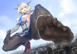 Rule 34 | 1girl, blonde hair, blue capelet, blue eyes, blue neckwear, braid, breasts, capelet, city, colorado (kancolle), destruction, ebizome, elbow gloves, feet, french braid, from below, garrison cap, giant, giantess, gloves, grey gloves, grey hat, hand on own knee, hat, high heels, kantai collection, looking at viewer, medium breasts, no shoes, open mouth, outdoors, pantyhose, red footwear, shoes, short hair, sideboob, single shoe, size difference, smoke, soles, solo, toes