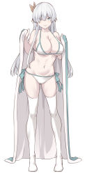 Rule 34 | 1girl, anastasia (fate), bare shoulders, bikini, blue eyes, blush, breasts, cleavage, collarbone, contrapposto, fate/grand order, fate (series), full body, gloves, gluteal fold, hair ornament, hair over one eye, hairband, holding, large breasts, legs apart, long hair, looking at viewer, navel, no shoes, pale skin, ribbon, robe, royal robe, shiseki hirame, side-tie bikini bottom, silver hair, simple background, smile, solo, standing, swimsuit, thighhighs, very long hair, white background, white bikini, white thighhighs