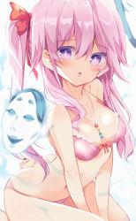 Rule 34 | 1girl, bare arms, bare shoulders, barefoot, bikini, blush, breasts, colored eyelashes, commentary request, grey background, hair between eyes, hair ribbon, hata no kokoro, highres, jewelry, long hair, mask, maturiuta sorato, medium breasts, necklace, pink bikini, pink hair, purple eyes, red ribbon, ribbon, seiza, simple background, sitting, solo, stomach, strap gap, swimsuit, touhou