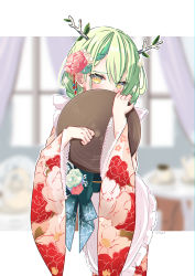 Rule 34 | 1girl, absurdres, antlers, blurry, blurry background, blush, braid, braided bangs, branch, ceres fauna, ceres fauna (new year), commentary, english commentary, floral print, flower, green hair, hair flower, hair ornament, highres, hololive, hololive english, horns, japanese clothes, kimono, leaf, long sleeves, looking at viewer, magui3, mole, mole under eye, official alternate costume, single braid, solo, tray, twitter username, upper body, virtual youtuber, wide sleeves, yellow eyes