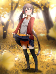 Rule 34 | 1girl, akebono (kancolle), alternate costume, autumn, autumn leaves, bell, black thighhighs, blouse, blue skirt, blush, closed mouth, flower, full body, ginkgo tree, ginkgo leaf, hair bell, hair between eyes, hair flower, hair ornament, highres, jacket, jingle bell, kantai collection, leaf, long hair, long sleeves, pleated skirt, purple hair, red jacket, shadow, shirt, side ponytail, skirt, smile, solo, tama (tamago), thighhighs, tree, very long hair, white shirt