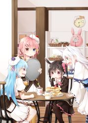 Rule 34 | 4girls, absurdres, ahoge, animal ears, animal print, black hair, black legwear, blue eyes, blue hair, blush, bow, bowtie, bridal garter, cake, cat print, chair, character request, clock, collarbone, cookie, cup, dress, drinking glass, drooling, extra ears, food, food-themed clothes, frilled dress, frilled legwear, frilled skirt, frills, hair ornament, hair ribbon, hairclip, hat, heterochromia, highres, holding, holding cup, holding drinking glass, holding tray, horse ears, horse girl, indoors, jacket, jewelry, lace-trimmed sleeves, lace trim, long hair, long sleeves, looking at another, multiple girls, open mouth, original, pancake, pantyhose, pink hair, plate, pleated skirt, puffy sleeves, purple eyes, rabbit print, red eyes, ribbon, ribbon-trimmed sleeves, ribbon trim, satou saya, short sleeves, sidelocks, silver hair, sitting, skirt, standing, striped clothes, striped legwear, striped pantyhose, stuffed animal, stuffed rabbit, stuffed toy, sweatdrop, table, teacup, thighhighs, tray, twintails, two side up, wall clock, wavy mouth, white legwear, wide sleeves, x hair ornament, yellow legwear, zettai ryouiki