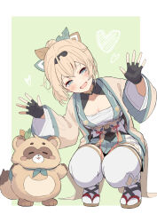 Rule 34 | 1girl, 1other, :3, argyle clothes, argyle thighhighs, arms up, bandaged chest, black gloves, black shrug, blonde hair, brat (brabrabrat00), breasts, brown fur, capelet, chest sarashi, cleavage, closed eyes, commentary, covered navel, drawn heart, facing viewer, fingerless gloves, gloves, green background, green capelet, green skirt, grey eyes, hair between eyes, hair ornament, hakama, hakama short skirt, hakama skirt, haori, happy, head tilt, highres, hololive, japanese clothes, kazama iroha, kazama iroha (1st costume), kimono, leaf hair ornament, light blush, looking at viewer, open mouth, outside border, pleated skirt, pleated sleeves, pokobee, ponytail, red ribbon, ribbon, sarashi, skirt, squatting, symbol-only commentary, tanuki, teeth, thigh strap, thighhighs, two-tone background, two-tone fur, two-tone skirt, upper teeth only, white background, white kimono, white skirt, white thighhighs, wide sleeves, yellow ribbon
