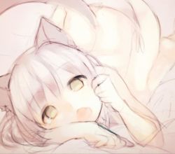 Rule 34 | 1girl, animal ears, bed sheet, cat ears, cat tail, fangs, green eyes, looking at viewer, monochrome, okayu (headless), open mouth, pale color, panties, sanya v. litvyak, short hair, side-tie panties, silver hair, solo, strike witches, tail, top-down bottom-up, underwear, white panties, world witches series