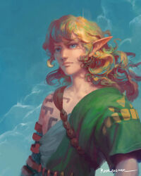 Rule 34 | 1boy, arm tattoo, blonde hair, blue eyes, bugmeyer, closed mouth, collarbone, curly hair, link, long hair, looking at viewer, male focus, multicolored hair, nintendo, pointy ears, sash, single bare shoulder, solo, tattoo, the legend of zelda, the legend of zelda: tears of the kingdom