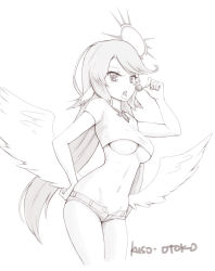 Rule 34 | 10s, 1girl, angel wings, breasts, candy, crop top, crop top overhang, feathered wings, food, groin, halo, hand on own hip, highres, jibril (no game no life), kuso otoko, large breasts, lollipop, long hair, low wings, magic circle, midriff, monochrome, navel, no game no life, open fly, open mouth, shirt, short shorts, shorts, skindentation, solo, taut clothes, taut shirt, tongue, unbuttoned, underboob, unzipped, very long hair, white wings, wings