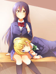 Rule 34 | 10s, 2girls, ayase eli, bench, black socks, blazer, blonde hair, blue eyes, blue hair, blush, bow, bowtie, clenched hand, green bow, green bowtie, jacket, kneehighs, lap pillow, light rays, long hair, long sleeves, looking at another, looking at viewer, love live!, love live! school idol project, lying, multiple girls, on side, one eye closed, plaid, plaid skirt, pleated skirt, ponytail, purple hair, red bow, red bowtie, sakura ai ke, school uniform, scrunchie, sitting, skirt, smile, socks, sonoda umi, striped bow, striped bowtie, striped clothes, striped neckwear, sunbeam, sunlight, yellow eyes, yuri
