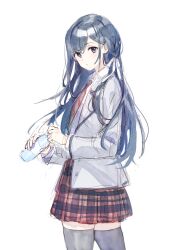 Rule 34 | 1girl, black thighhighs, blue eyes, blue hair, bottle, diagonal-striped clothes, diagonal-striped necktie, hair ribbon, holding, holding bottle, jacket, long hair, looking at viewer, necktie, original, plaid, plaid skirt, red necktie, red skirt, ribbon, shirt, simple background, skirt, solo, standing, striped clothes, thighhighs, weee (raemz), white background, white jacket, white ribbon, white shirt