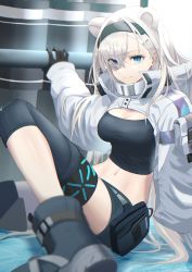 Rule 34 | 1girl, absurdres, arknights, aurora (arknights), aurora (elite ii) (arknights), black gloves, black shirt, blouse, blue eyes, boots, breasts, cleavage, coat, crop top, gaoqiaoyuyin takahashi, gloves, highres, infection monitor (arknights), large breasts, long hair, midriff, navel, shield, shirt, sitting, white coat, white hair