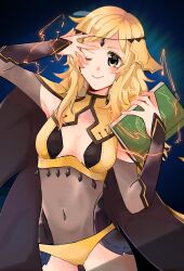 Rule 34 | 1girl, ahoge, arms up, blonde hair, bodystocking, book, breasts, circlet, fire emblem, fire emblem fates, grey eyes, highres, holding, holding book, looking at viewer, medium breasts, navel, nintendo, ophelia (fire emblem), solo, y unisef