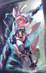 Rule 34 | 1girl, absurdres, armpits, black leotard, black thighhighs, breasts, clothing cutout, electricity, headband, highres, hip vent, holding, holding polearm, holding weapon, leotard, looking at viewer, mecha musume, medium breasts, motion blur, navel, open mouth, original, pink eyes, pink hair, pink headband, polearm, science fiction, short hair, soezy, solo, stomach cutout, thighhighs, weapon, wind