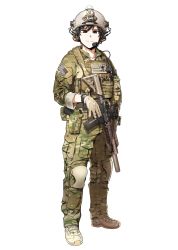 Rule 34 | 1boy, absurdres, american flag, black eyes, black hair, camouflage, commission, gloves, gun, headset, helmet, highres, holding, holding gun, holding weapon, korean commentary, looking at viewer, male focus, military, original, shino (r shughart), smile, solo, united states army, watch, weapon, wristwatch