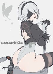 Rule 34 | 1girl, 2b (nier:automata), absurdres, animal print, ass, back cutout, black blindfold, black headband, black thighhighs, blindfold, butterfly print, clothing cutout, commentary request, curvy, feather-trimmed sleeves, from behind, grey background, headband, highleg, highleg leotard, highres, holding, holding sword, holding weapon, huge ass, juliet sleeves, katana, leotard, long sleeves, looking back, mole, nier:automata, nier (series), official alternate costume, open mouth, patreon username, poechan chan, puffy sleeves, short hair, simple background, sitting, solo, sword, thighhighs, thong leotard, virtuous contract, weapon, white hair, white leotard, wide hips