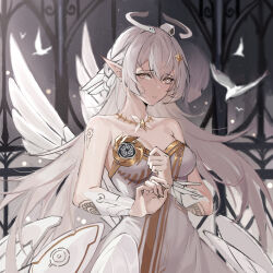 Rule 34 | 1girl, absurdres, alternate ears, angel wings, bare shoulders, bird, breasts, cleavage, closed mouth, dove, dress, grey hair, hair between eyes, hair ornament, halo, highres, jewelry, jsl, liv: empyrea (punishing: gray raven), liv: empyrea (wings of dawn) (punishing: gray raven), liv (punishing: gray raven), long hair, long pointy ears, mechanical arms, mechanical halo, mechanical wings, medium breasts, multiple wings, necklace, orange eyes, pointy ears, punishing: gray raven, sidelocks, white dress, wings