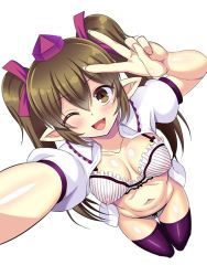 Rule 34 | 1girl, blush, bra, breasts, brown eyes, brown hair, cleavage, collarbone, from above, hat, himekaidou hatate, kondou ryunosuke, looking at viewer, looking up, one eye closed, open clothes, open mouth, open shirt, outstretched arm, panties, puffy short sleeves, puffy sleeves, purple thighhighs, reaching, reaching towards viewer, see-through, selfie, shirt, short sleeves, sidelocks, simple background, solo, striped bra, striped clothes, striped panties, thighhighs, tokin hat, touhou, twintails, underwear, v, white background, white bra, white panties, white shirt