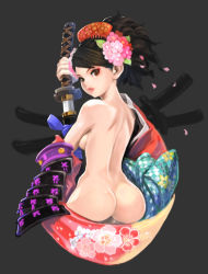 Rule 34 | 1girl, armor, ass, ass support, breasts, brown eyes, brown hair, comb, flower, hair flower, hair ornament, hip focus, japanese armor, japanese clothes, katana, lips, looking back, medium breasts, momohime, muuten, nude, oboro muramasa, petals, ponytail, red eyes, sheath, short hair, shoulder armor, sode, solo, sword, unsheathing, vanillaware, weapon, wide hips