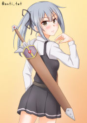 Rule 34 | 1girl, anti (untea9), brown eyes, commentary request, cowboy shot, dress, from behind, frown, grey hair, highres, kantai collection, kasumi (kancolle), kasumi kai ni (kancolle), long hair, long sleeves, looking at viewer, looking back, pinafore dress, scabbard, sheath, shirt, side ponytail, sleeveless, sleeveless dress, solo, sword, twitter username, weapon, white shirt, yellow background