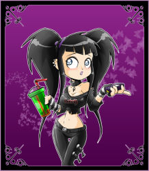 Rule 34 | 1girl, animal, ankh, belt, black belt, black gloves, black hair, black pants, black shirt, blue eyes, breasts, bug, butterfly, carlos g, cellphone, choker, cleavage, clothes writing, collarbone, cup, drinking straw, earrings, eyeshadow, fingerless gloves, gloves, goth fashion, hairband, holding, insect, jewelry, large breasts, lipstick, long hair, long sleeves, looking to the side, makeup, midriff, narrow waist, navel, off shoulder, pants, parted lips, phone, purple background, purple lips, shirt, striped clothes, striped gloves, teeth, thigh gap, thighs, twintails