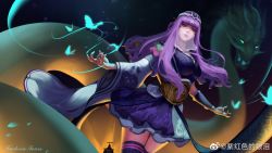 Rule 34 | 1girl, asymmetrical sleeves, bug, butterfly, china dress, chinese clothes, dragon, dress, hair ornament, highres, insect, long hair, looking at viewer, looking down, purple hair, shao siming (qin shi ming yue), veil, zi hong she de yanlei