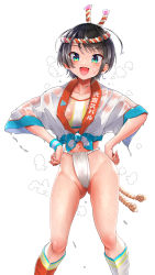 Rule 34 | 1girl, :d, absurdres, aqua eyes, black hair, blush, breasts, covered erect nipples, dripping, fundoshi, gluteal fold, hair ornament, highres, hololive, japanese clothes, kilesha, looking at viewer, medium breasts, mizu happi, navel, nervous sweating, oozora subaru, open mouth, see-through, short hair, simple background, smile, solo, steam, sweat, thighs, very sweaty, virtual youtuber, wet, wet clothes, wet hair, white background, wristband