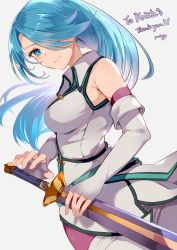 Rule 34 | bare shoulders, blue eyes, blue hair, commission, earrings, elbow gloves, fire emblem, fire emblem: path of radiance, from side, gloves, hair over one eye, highres, jewelry, long hair, looking at viewer, lucia (fire emblem), nintendo, po pooch, sheath, sheathed, skeb commission, sleeveless, smile, sword, thank you, weapon, white background, white gloves