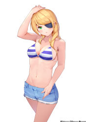 Rule 34 | 1girl, aduo, blonde hair, breasts, closed mouth, eyepatch, feet out of frame, grand admiral marina, green eyes, guardian tales, hand up, looking at viewer, medium breasts, medium hair, navel, shorts, simple background, white background