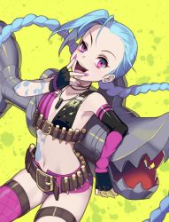 Rule 34 | 1000marie, 1girl, belt, blue hair, braid, fingerless gloves, gloves, hairline, jinx (league of legends), league of legends, long hair, looking at viewer, m1 bazooka, midriff, nail polish, navel, open mouth, pink eyes, rocket launcher, short shorts, shorts, single thighhigh, solo, tattoo, thighhighs, twin braids, twintails, weapon