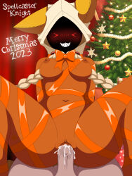 Rule 34 | 1boy, 1girl, 2023, animal ears, blazblue, blonde hair, bound, cat ears, christmas, christmas present, christmas tree, cowgirl position, cum, cum in pussy, cumdrip, dark-skinned female, dark skin, dripping, floral bow, gift, gift wrapped, hetero, highres, interracial, pov, red eyes, shaded face, sharp teeth, smile, spellcaster knight, spread legs, straddling, taokaka, teeth, tied, tied arms, vaginal