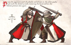 Rule 34 | 2girls, belt, blocking, boots, braid, brown hair, english text, fighting stance, gambeson, gloves, helmet, highres, holding, holding weapon, ironlily, kettle helm, kite shield, long hair, medieval, multiple girls, ordo mediare sisters (ironlily), scabbard, sheath, single braid sister (ironlily), standing, sword, twin braids sister (ironlily), weapon