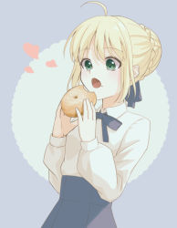 Rule 34 | 1girl, ahoge, artoria pendragon (all), artoria pendragon (fate), blonde hair, blue ribbon, blue skirt, braid, braided bun, commentary request, doughnut, eating, fate/stay night, fate (series), food, food on face, green eyes, hair bun, hair ribbon, heart, high-waist skirt, highres, holding, holding food, long sleeves, looking at food, neck ribbon, open mouth, ribbon, saber (fate), shirt, short hair, simple background, skirt, solo, standing, two-tone background, white shirt, yumikan