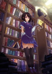 Rule 34 | 1girl, absurdres, black cat, black hair, black thighhighs, book, book stack, bookshelf, breasts, cat, gloves, highres, key, leaning back, leaning on object, library, looking at viewer, medium breasts, okuto, original, pleated skirt, red eyes, short hair, skirt, smile, solo, thighhighs